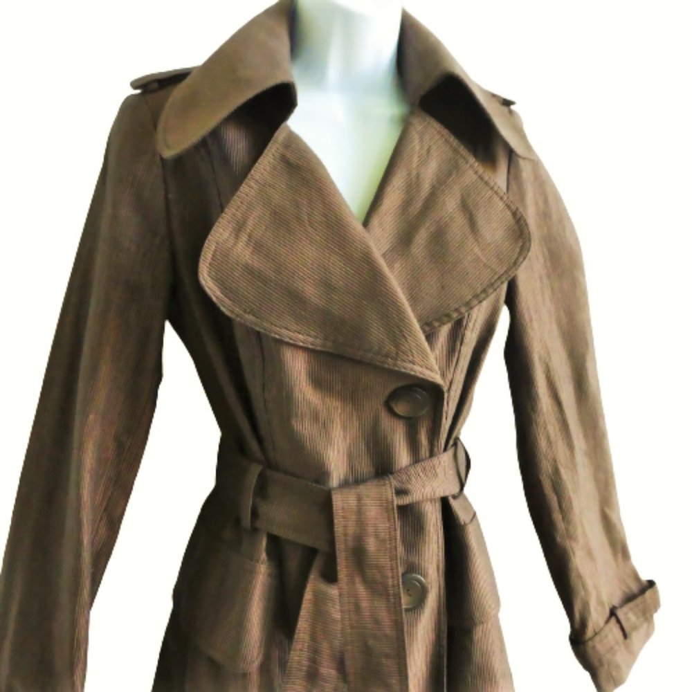 Vintage Alberto Makali Trench Coat Copper Ribbed Exaggerated Dog Ears Collar 4
